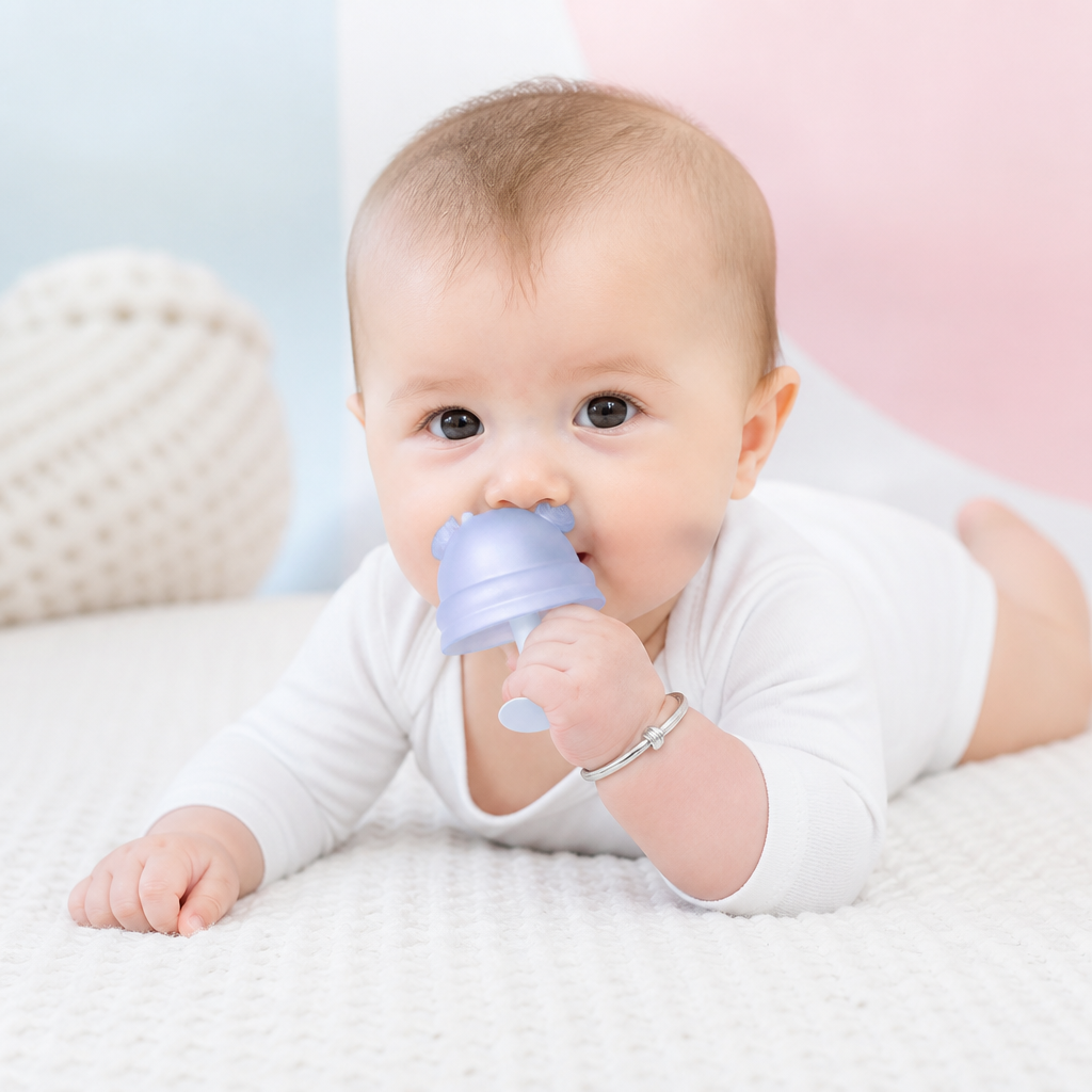 Baby-Beißring in Pilzform aus Silikon für kleine Hände