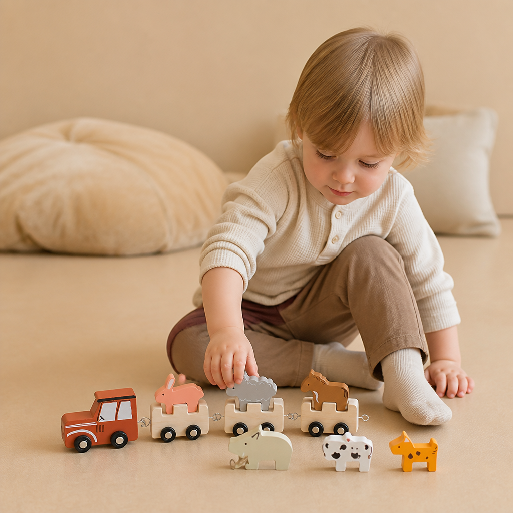 Bauernhof-Tierzug aus Holz – Spielzeug mit flexiblen Rädern für Kinder