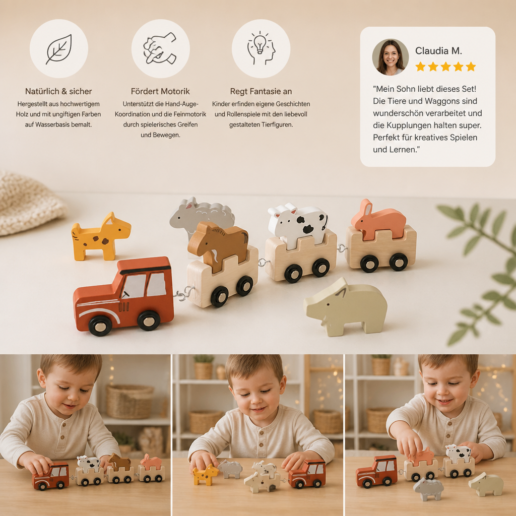 Bauernhof-Tierzug aus Holz – Spielzeug mit flexiblen Rädern für Kinder