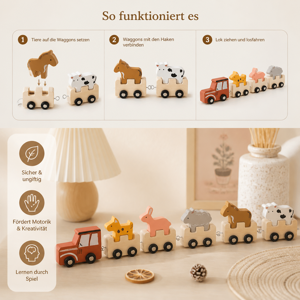 Bauernhof-Tierzug aus Holz – Spielzeug mit flexiblen Rädern für Kinder