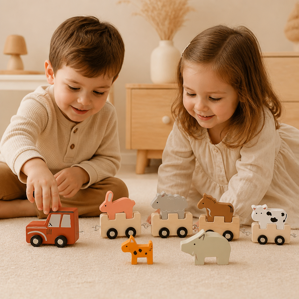 Bauernhof-Tierzug aus Holz – Spielzeug mit flexiblen Rädern für Kinder