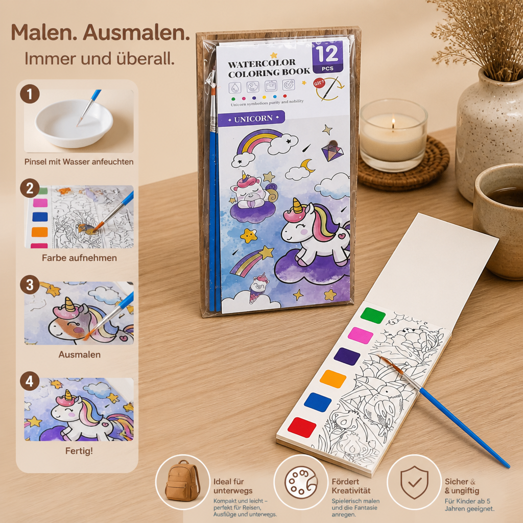 All-in-One-Aquarell-Malbuch mit integrierten Farben & Pinsel