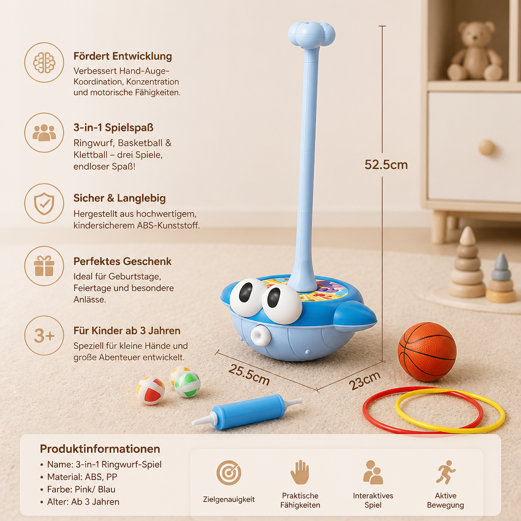 3-in-1-Lern- & Aktivitätsspiel – Ringwurf, Basketball & Klettball