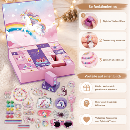 24-Tage-Einhorn-Adventskalender mit Haaraccessoires, Stickern & Überraschungsgeschenken