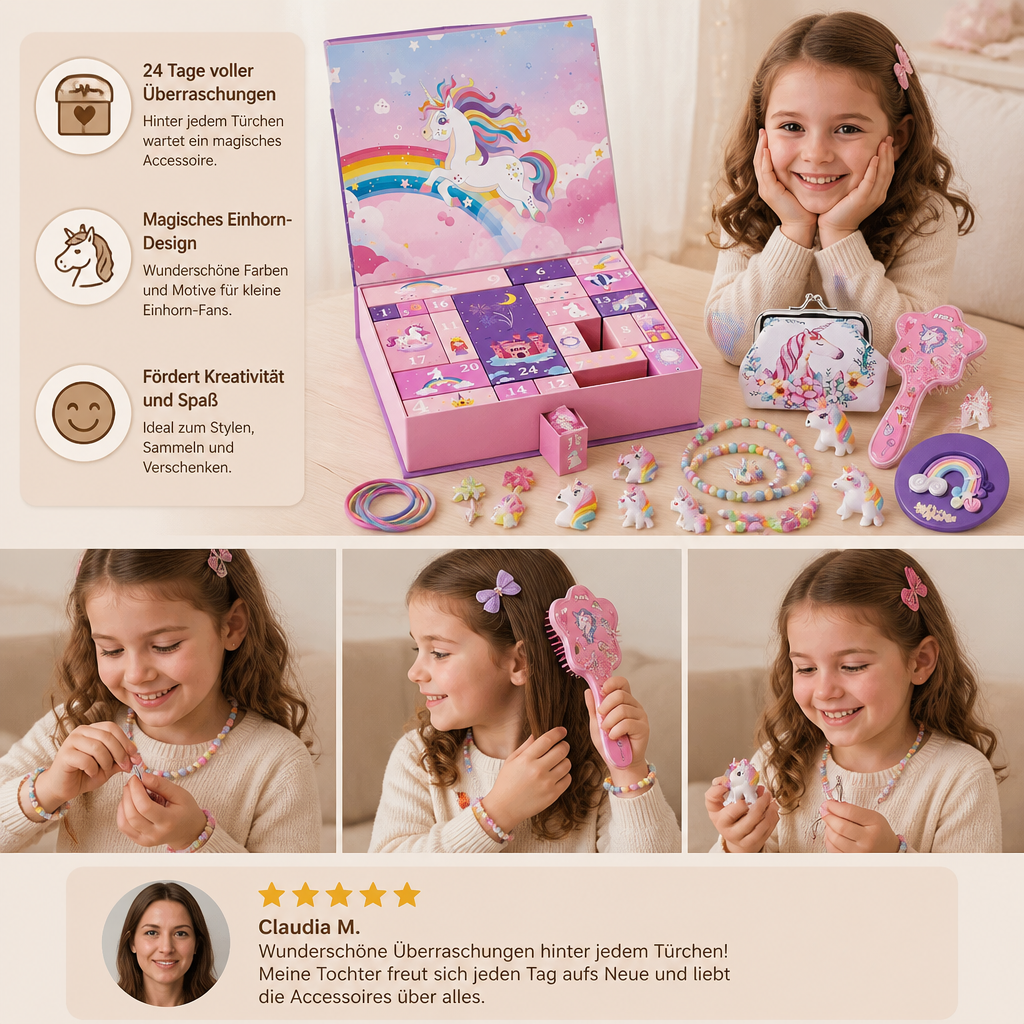 24-Tage-Einhorn-Adventskalender mit Haaraccessoires, Stickern & Überraschungsgeschenken