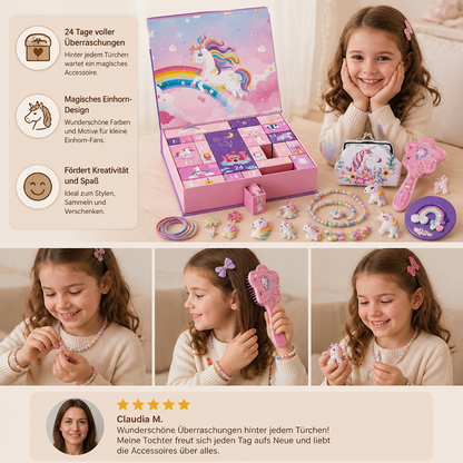24-Tage-Einhorn-Adventskalender mit Haaraccessoires, Stickern & Überraschungsgeschenken
