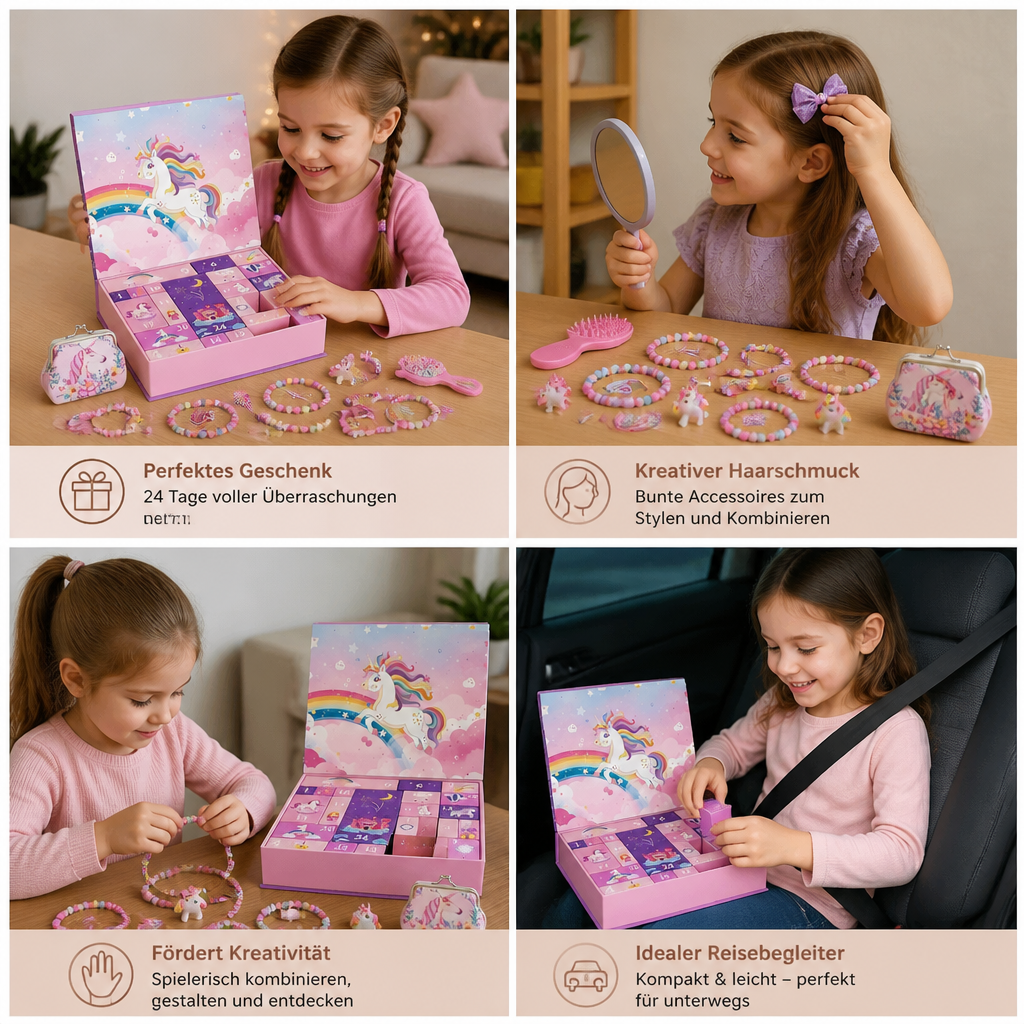 24-Tage-Einhorn-Adventskalender mit Haaraccessoires, Stickern & Überraschungsgeschenken