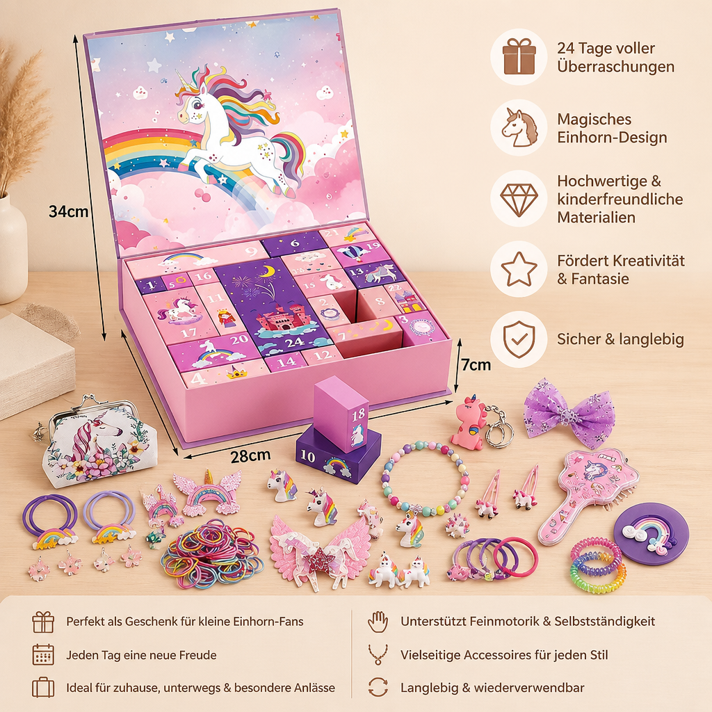24-Tage-Einhorn-Adventskalender mit Haaraccessoires, Stickern & Überraschungsgeschenken