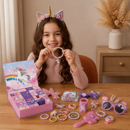 24-Tage-Einhorn-Adventskalender mit Haaraccessoires, Stickern & Überraschungsgeschenken