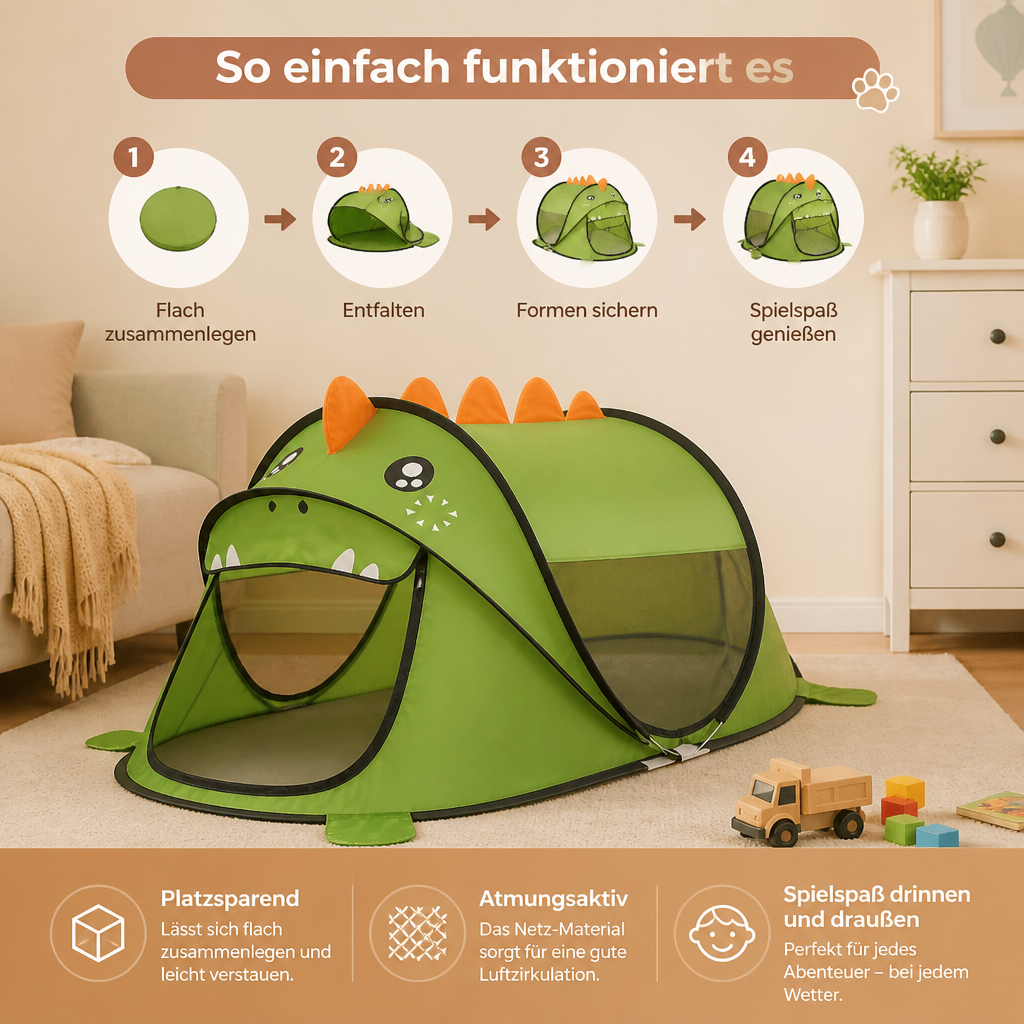 Faltbares Dino-Spielzelt für Kinder – perfekt für warme Tage & gemütliche Spielstunden