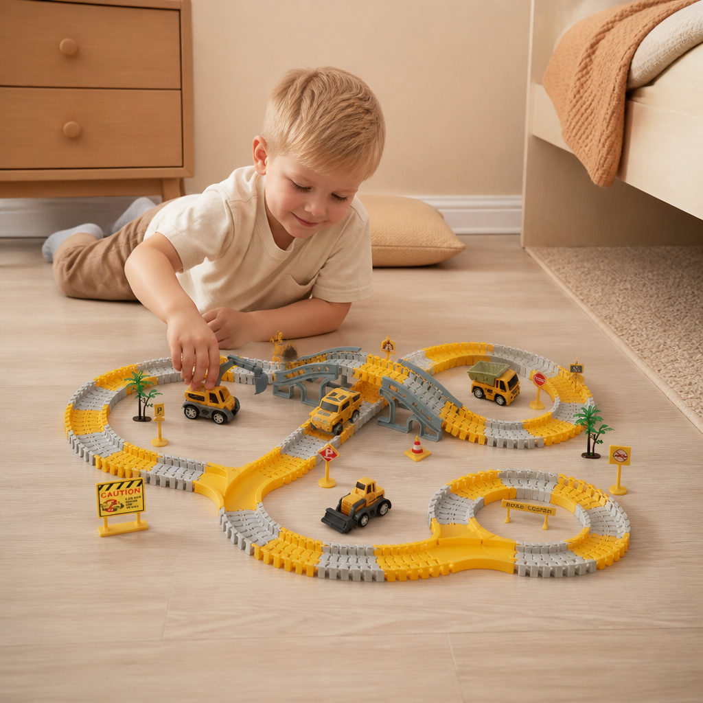 Baustellenfahrzeug-Rennstrecken-Spielset mit Brücke, Fahrzeugen & Verkehrsschildern