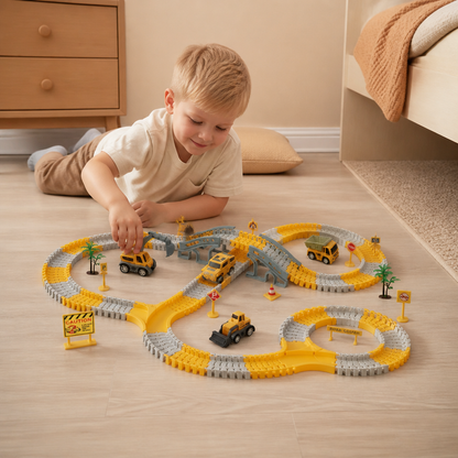 Baustellenfahrzeug-Rennstrecken-Spielset mit Brücke, Fahrzeugen & Verkehrsschildern