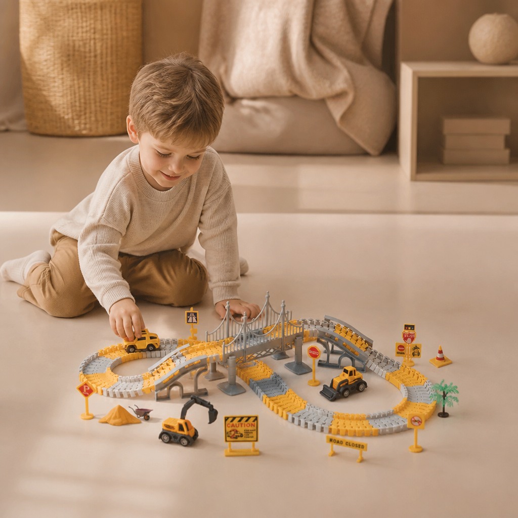 Baustellenfahrzeug-Rennstrecken-Spielset mit Brücke, Fahrzeugen & Verkehrsschildern