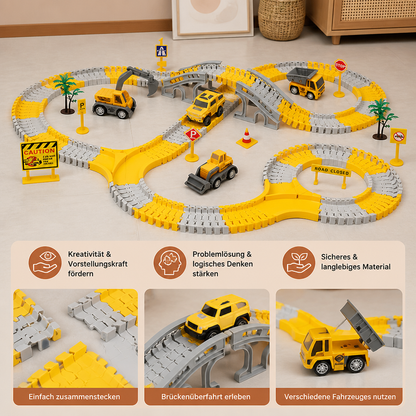 Baustellenfahrzeug-Rennstrecken-Spielset mit Brücke, Fahrzeugen & Verkehrsschildern