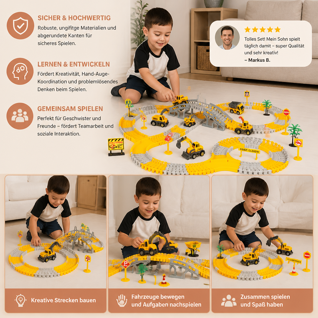 Baustellenfahrzeug-Rennstrecken-Spielset mit Brücke, Fahrzeugen & Verkehrsschildern