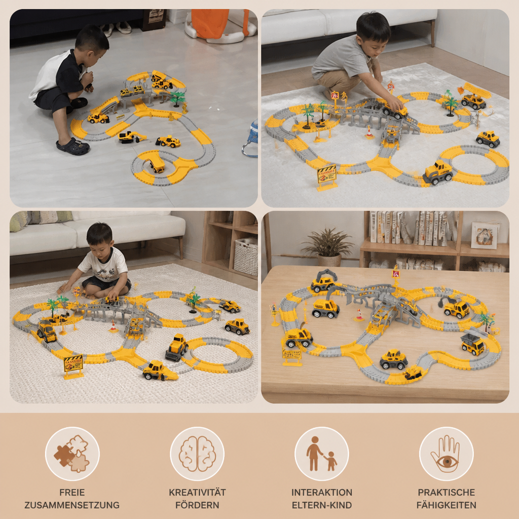 Baustellenfahrzeug-Rennstrecken-Spielset mit Brücke, Fahrzeugen & Verkehrsschildern