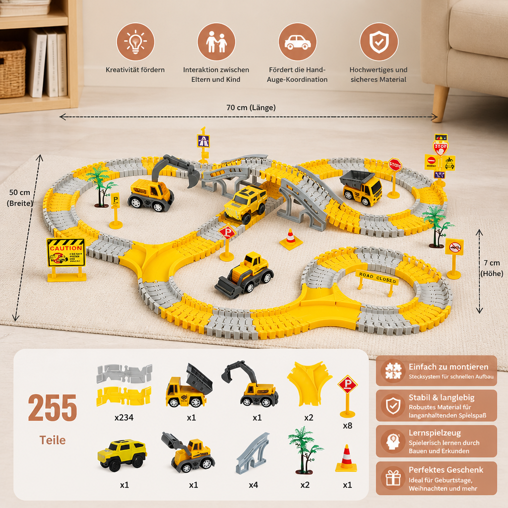 Baustellenfahrzeug-Rennstrecken-Spielset mit Brücke, Fahrzeugen & Verkehrsschildern