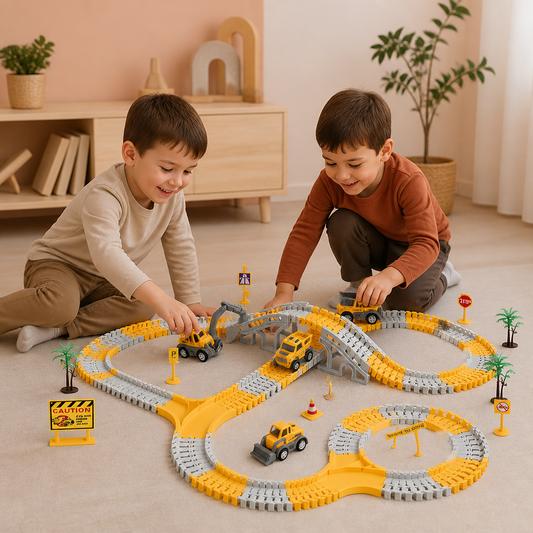 Baustellenfahrzeug-Rennstrecken-Spielset mit Brücke, Fahrzeugen & Verkehrsschildern