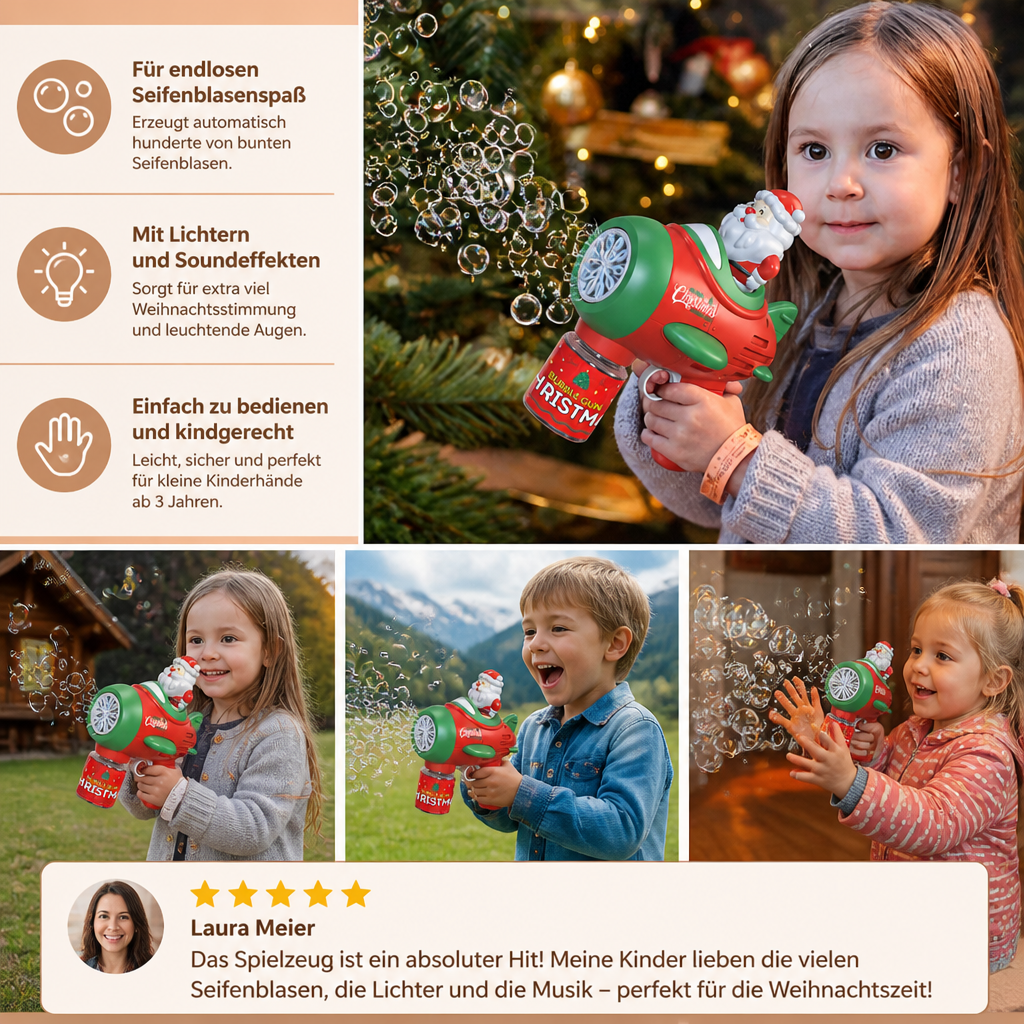 Elektrische Weihnachts-Seifenblasenpistole mit Licht & Sound für Kinder