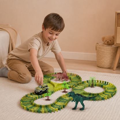 215-teiliges Dinosaurier-Rennstrecken-Set mit motorisierten Autos, Brücke & Dinosaurierfiguren