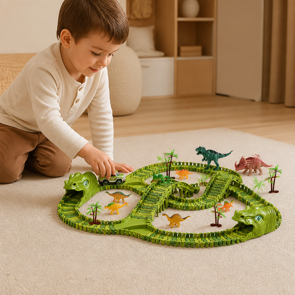 215-teiliges Dinosaurier-Rennstrecken-Set mit motorisierten Autos, Brücke & Dinosaurierfiguren