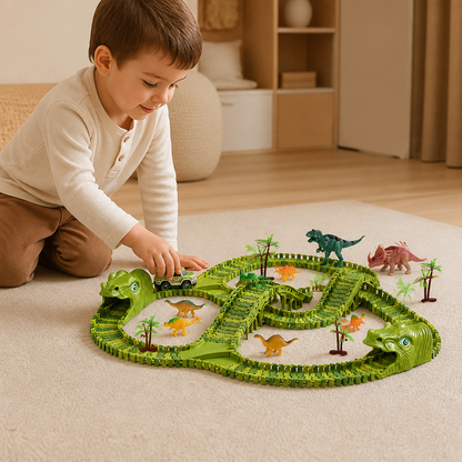 215-teiliges Dinosaurier-Rennstrecken-Set mit motorisierten Autos, Brücke & Dinosaurierfiguren