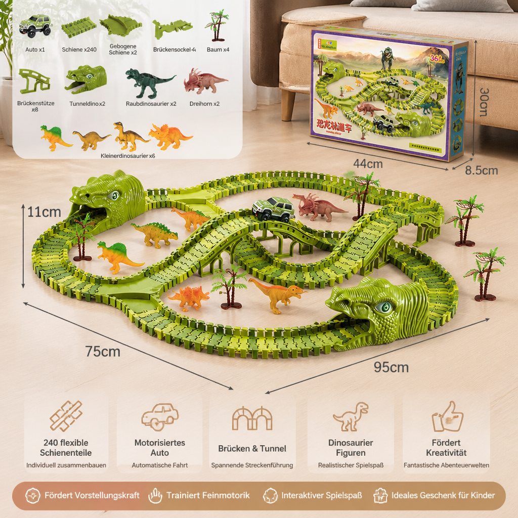 215-teiliges Dinosaurier-Rennstrecken-Set mit motorisierten Autos, Brücke & Dinosaurierfiguren