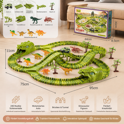 215-teiliges Dinosaurier-Rennstrecken-Set mit motorisierten Autos, Brücke & Dinosaurierfiguren