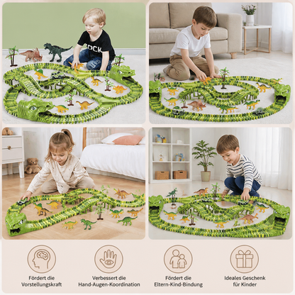 215-teiliges Dinosaurier-Rennstrecken-Set mit motorisierten Autos, Brücke & Dinosaurierfiguren