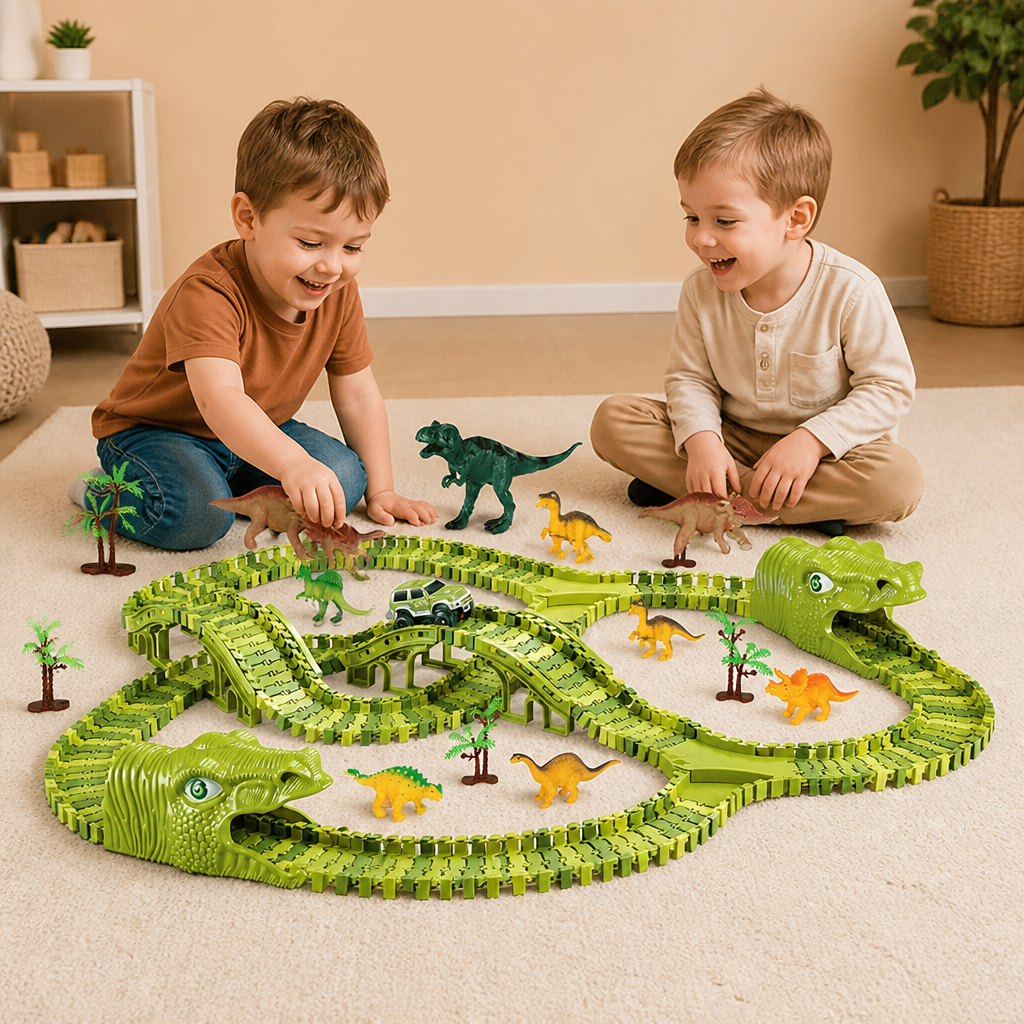 215-teiliges Dinosaurier-Rennstrecken-Set mit motorisierten Autos, Brücke & Dinosaurierfiguren