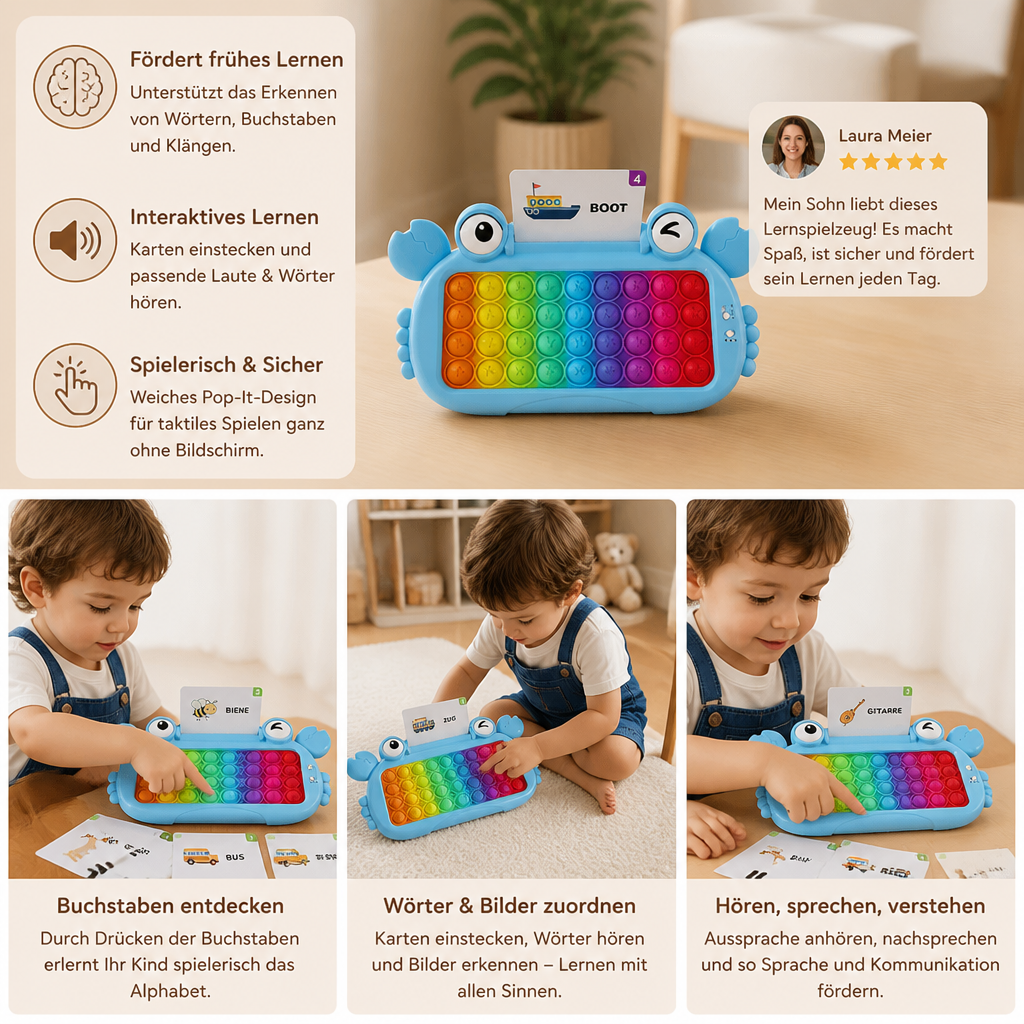 Interaktives sprechendes Lernkarten-Tablet mit Pop-It-Tastatur, Buchstabier- & Phonetikspielen