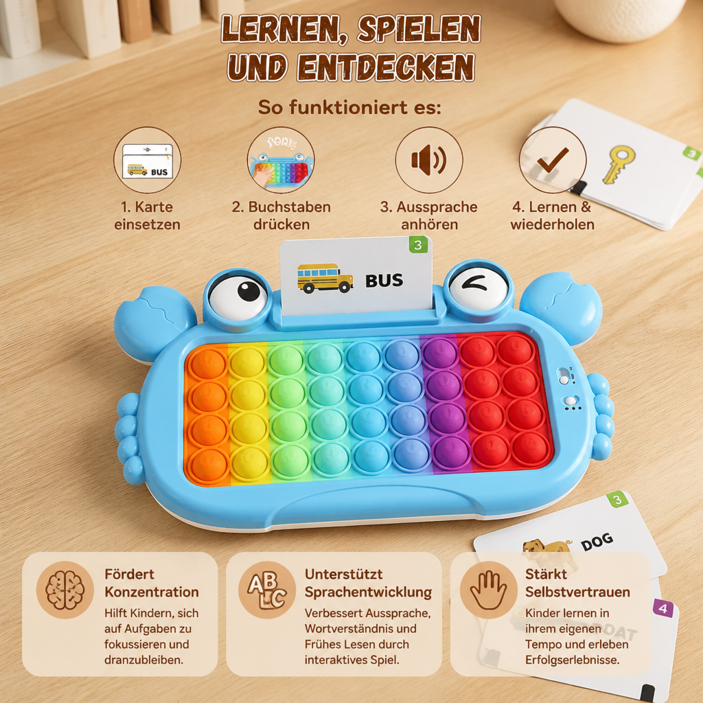 Interaktives sprechendes Lernkarten-Tablet mit Pop-It-Tastatur, Buchstabier- & Phonetikspielen