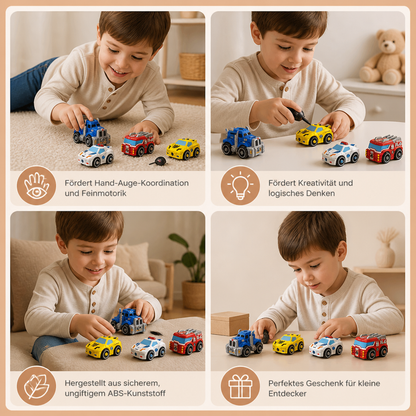 4-teiliges DIY-Stadtfahrzeuge-Set zum Auseinanderbauen mit Spielzeug-Bohrer