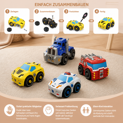 4-teiliges DIY-Stadtfahrzeuge-Set zum Auseinanderbauen mit Spielzeug-Bohrer