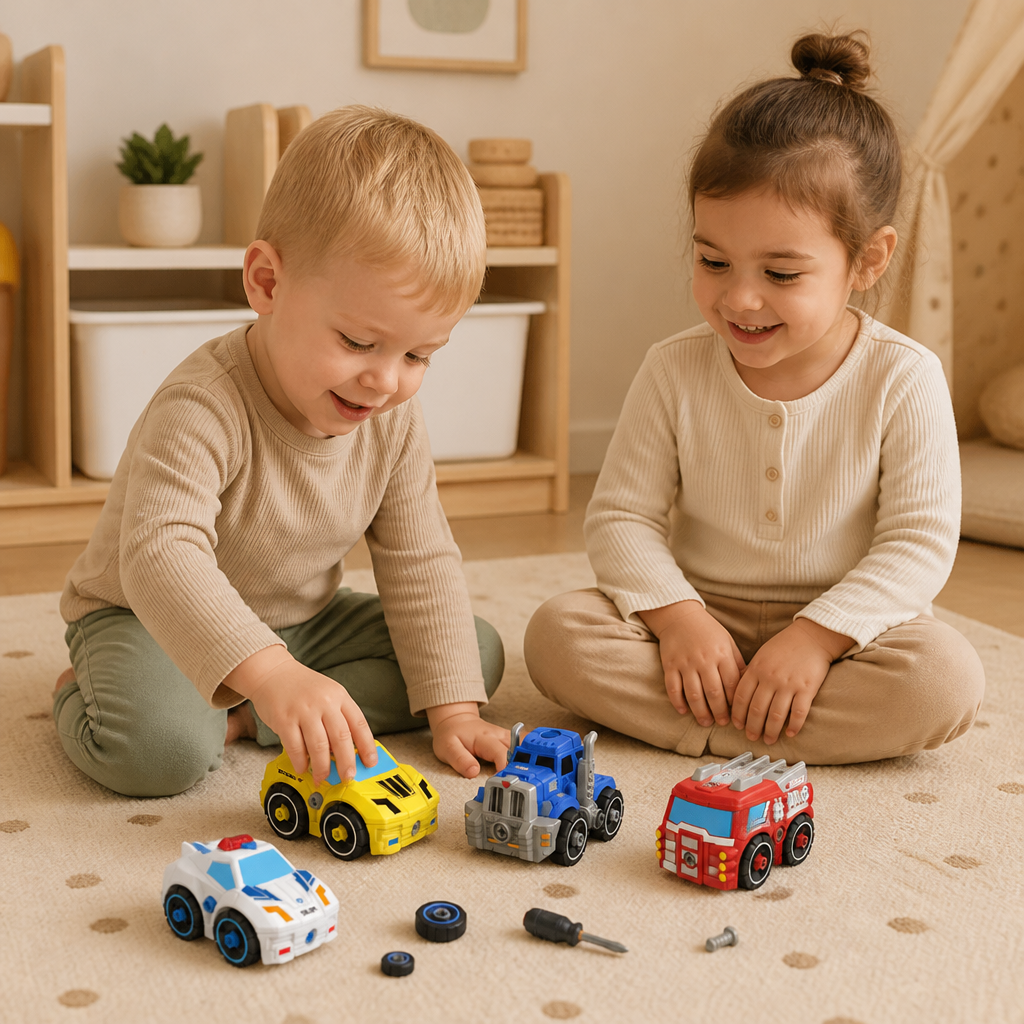 4-teiliges DIY-Stadtfahrzeuge-Set zum Auseinanderbauen mit Spielzeug-Bohrer