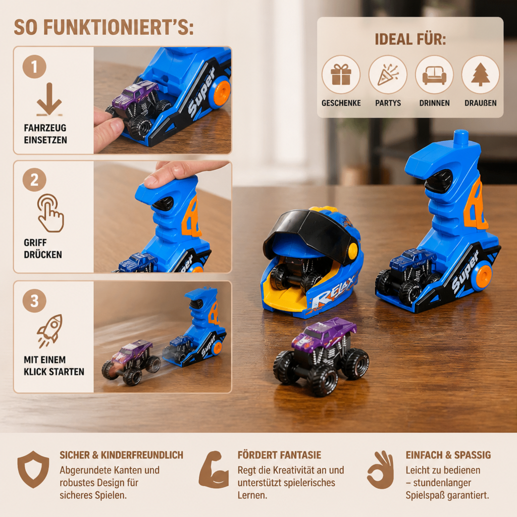 1-Klick Monstertruck-Katapult im Helm-Design mit Tragegriff