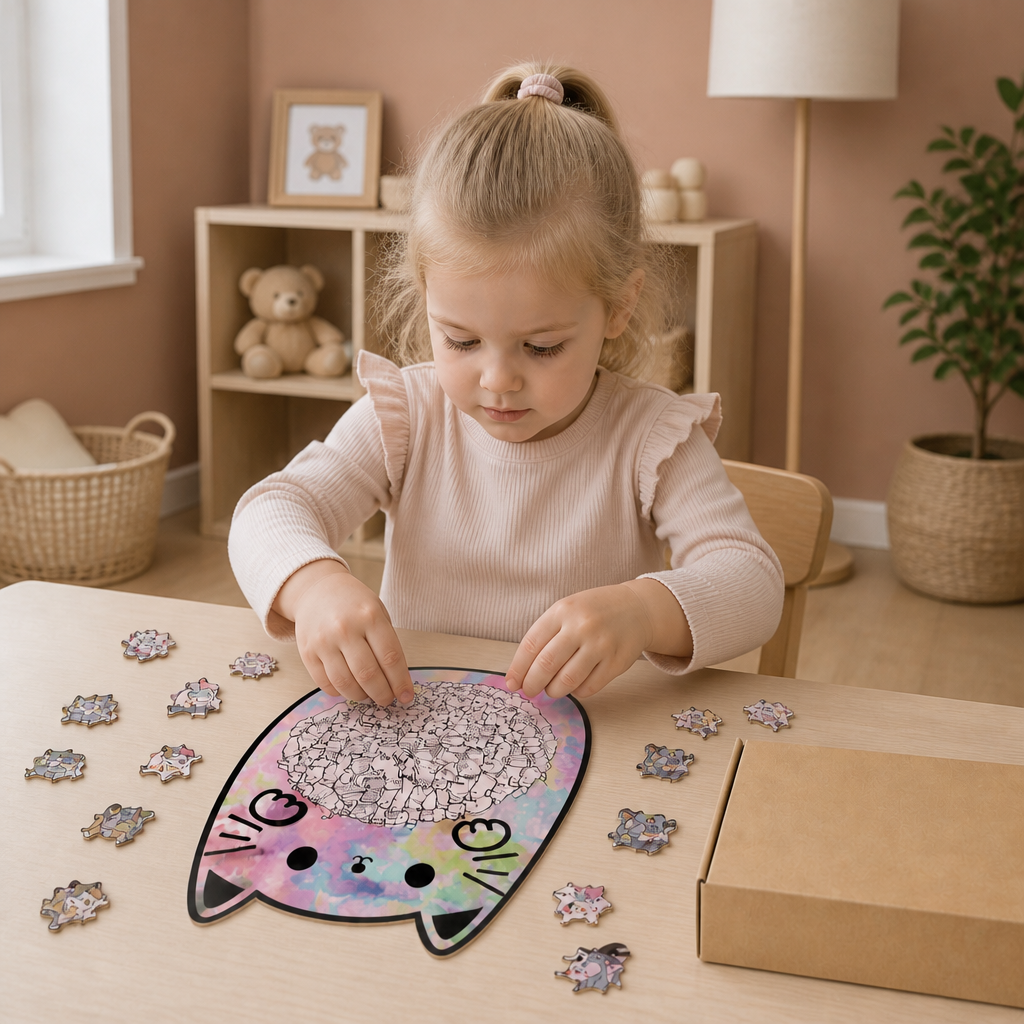 135-teiliges Holz-Puzzle mit katzenförmigen Puzzleteilen