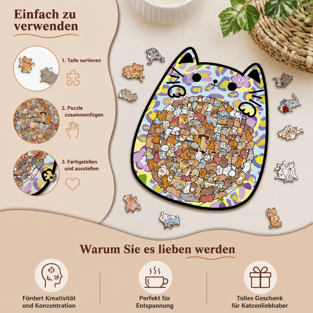 135-teiliges Holz-Puzzle mit katzenförmigen Puzzleteilen