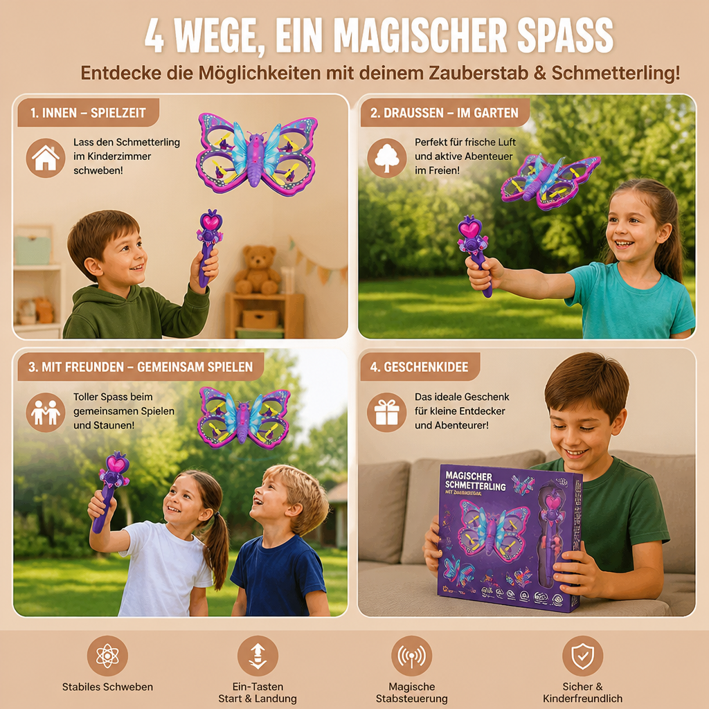 Magisches leuchtendes Schmetterlings-Quadcopter-Spielzeug mit Zauberstab-Steuerung