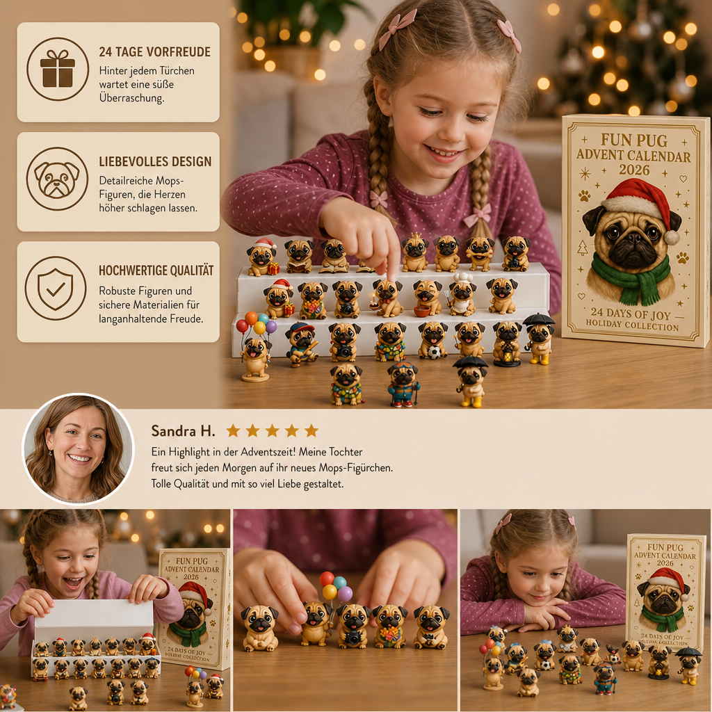 24-Tage Mops-Adventskalender mit Überraschungsfiguren