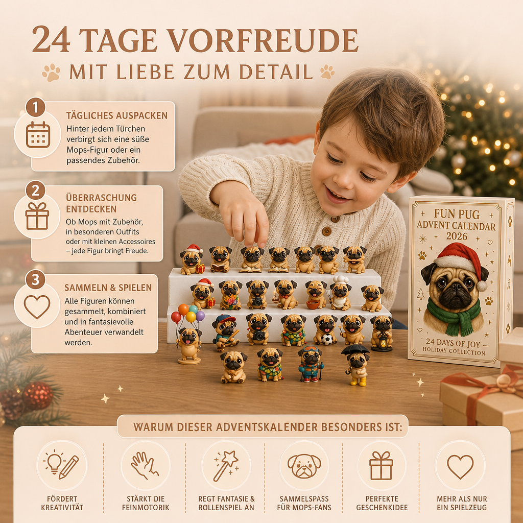 24-Tage Mops-Adventskalender mit Überraschungsfiguren