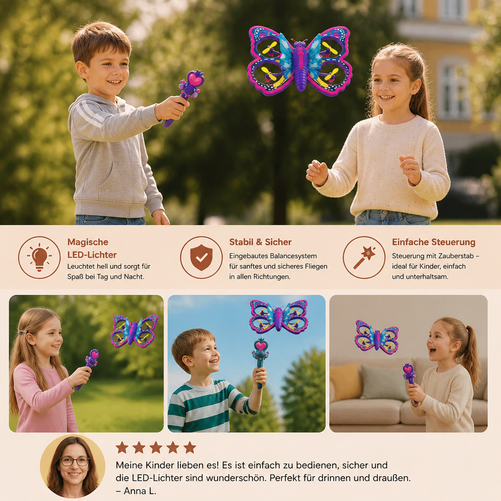 Magisches leuchtendes Schmetterlings-Quadcopter-Spielzeug mit Zauberstab-Steuerung