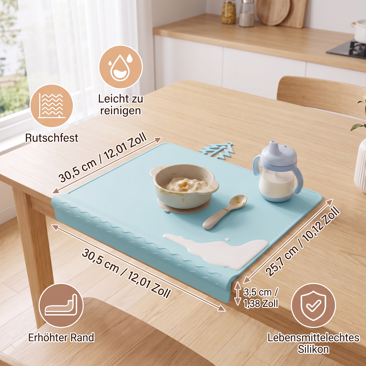 BabySafe praktische & hygienische Silikon-Babytischmatte mit erhöhtem Rand