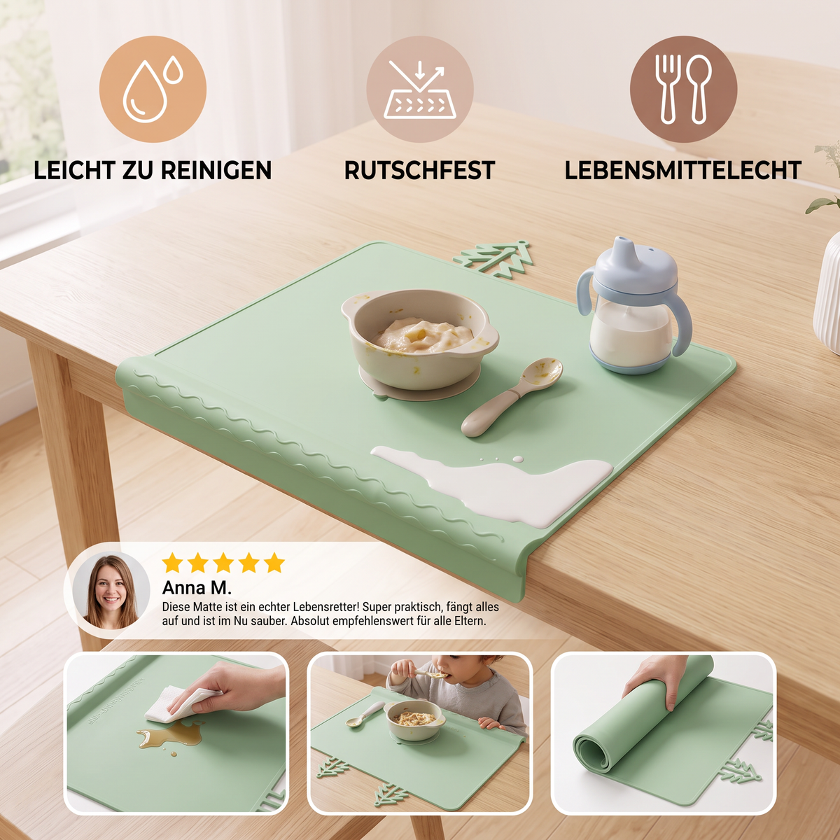 BabySafe praktische & hygienische Silikon-Babytischmatte mit erhöhtem Rand