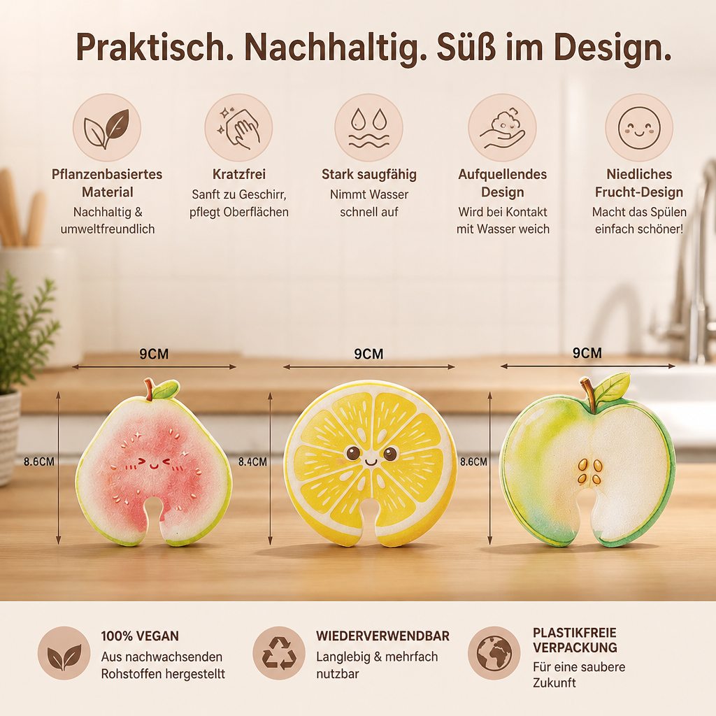 Fruchtförmige aufquellende Zelluloseschwämme – 3er-Pack pflanzenbasierte, kratzfreie Küchenschwämme