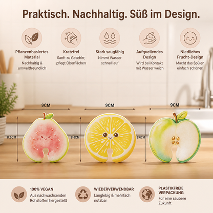 Fruchtförmige aufquellende Zelluloseschwämme – 3er-Pack pflanzenbasierte, kratzfreie Küchenschwämme