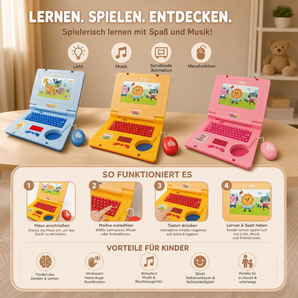 Interaktiver Kinder-Laptop mit Licht, Musik & scrollendem Bildschirm