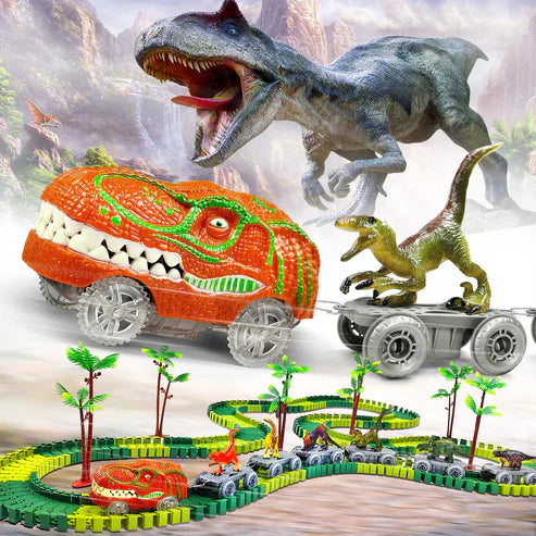 Dinosaurier Strecken Abenteuer – Flexible Rennbahn mit leuchtendem Zug