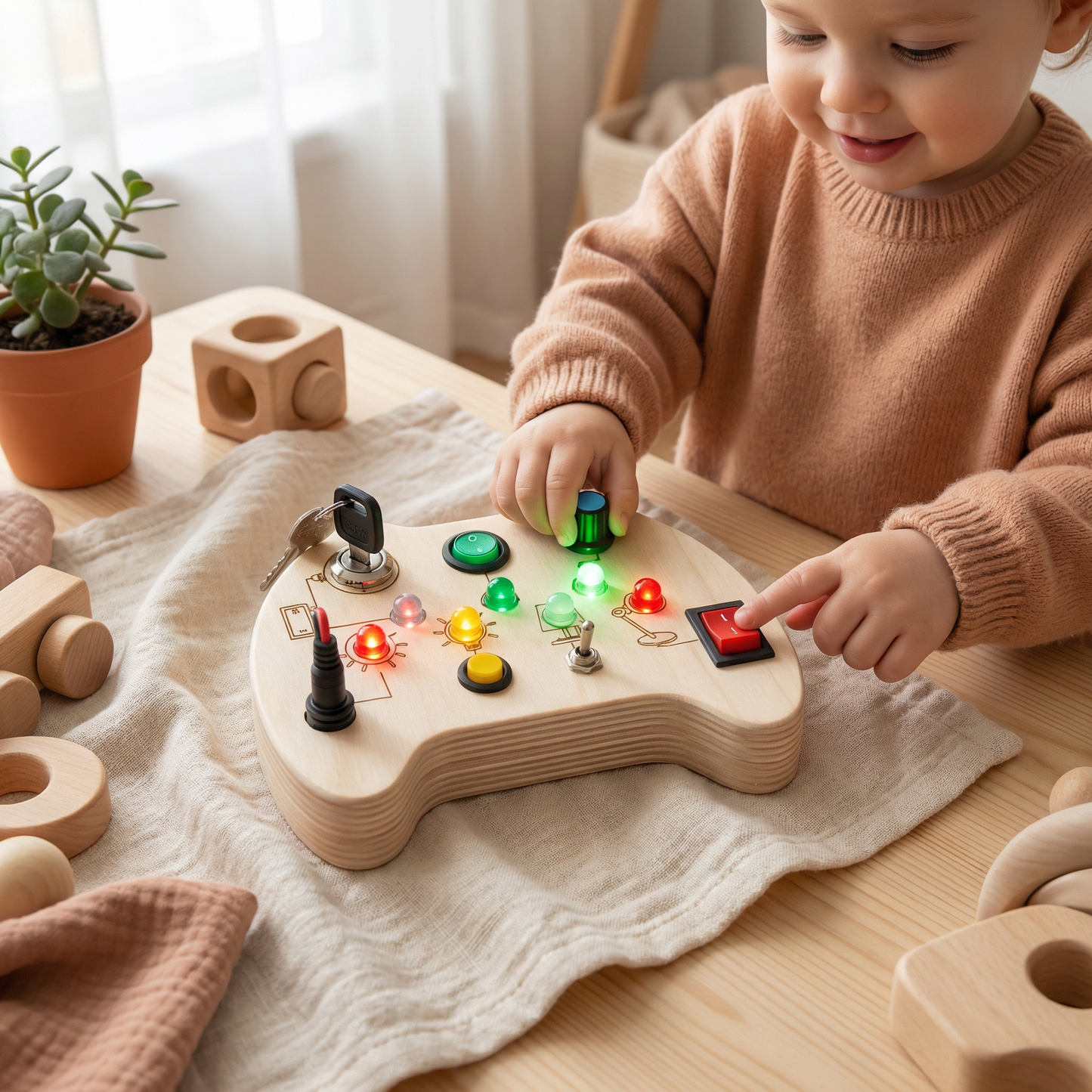Holz LED Busy Board Controller – Montessori Sensorisches Lernspielzeug zur Förderung der Motorik