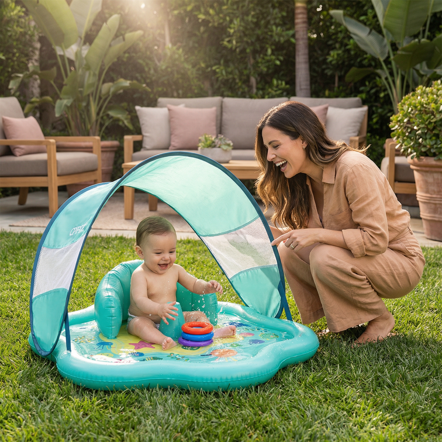 Uufblasbari Wässerspiilmatte für Babys mit Sonne-Schutz – Perfekt für de Summer